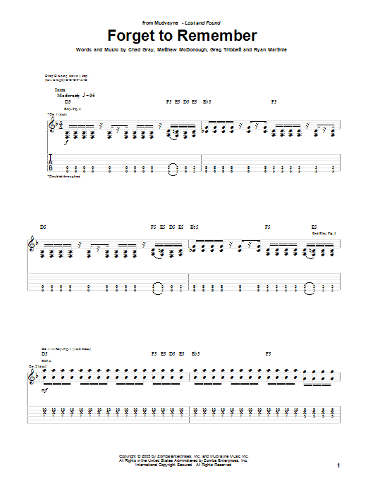 Mudvayne Forget To Remember sheet music notes and chords arranged for Guitar Tab