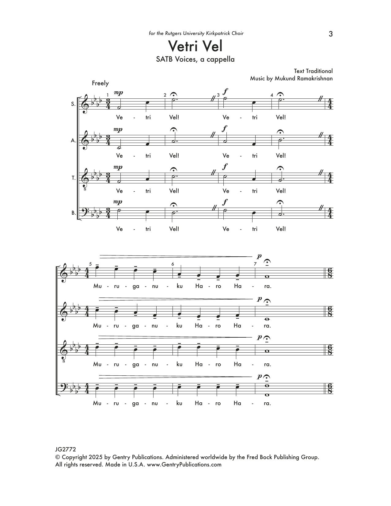 Mukund Ramakrishnan Vetri Vel sheet music notes and chords arranged for SATB Choir
