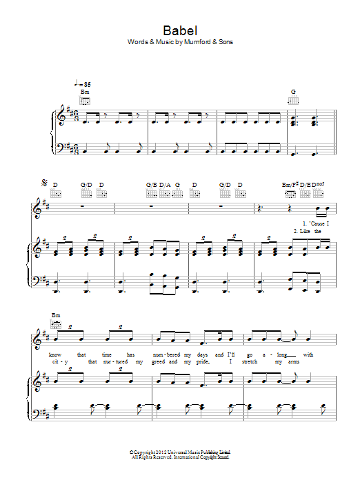 Mumford & Sons Babel sheet music notes and chords arranged for Piano, Vocal & Guitar Chords