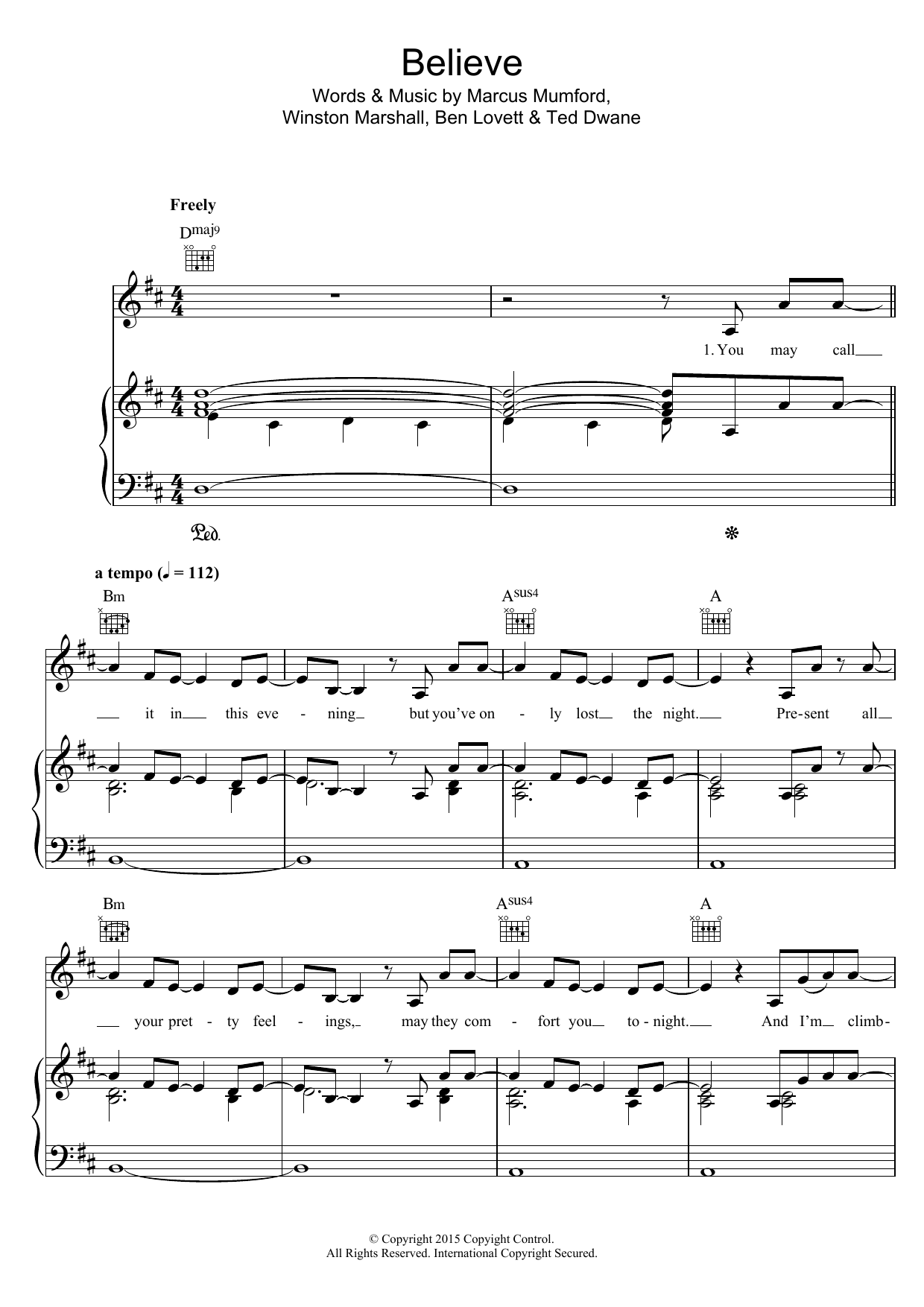 Mumford & Sons Believe sheet music notes and chords arranged for Piano, Vocal & Guitar Chords (Right-Hand Melody)