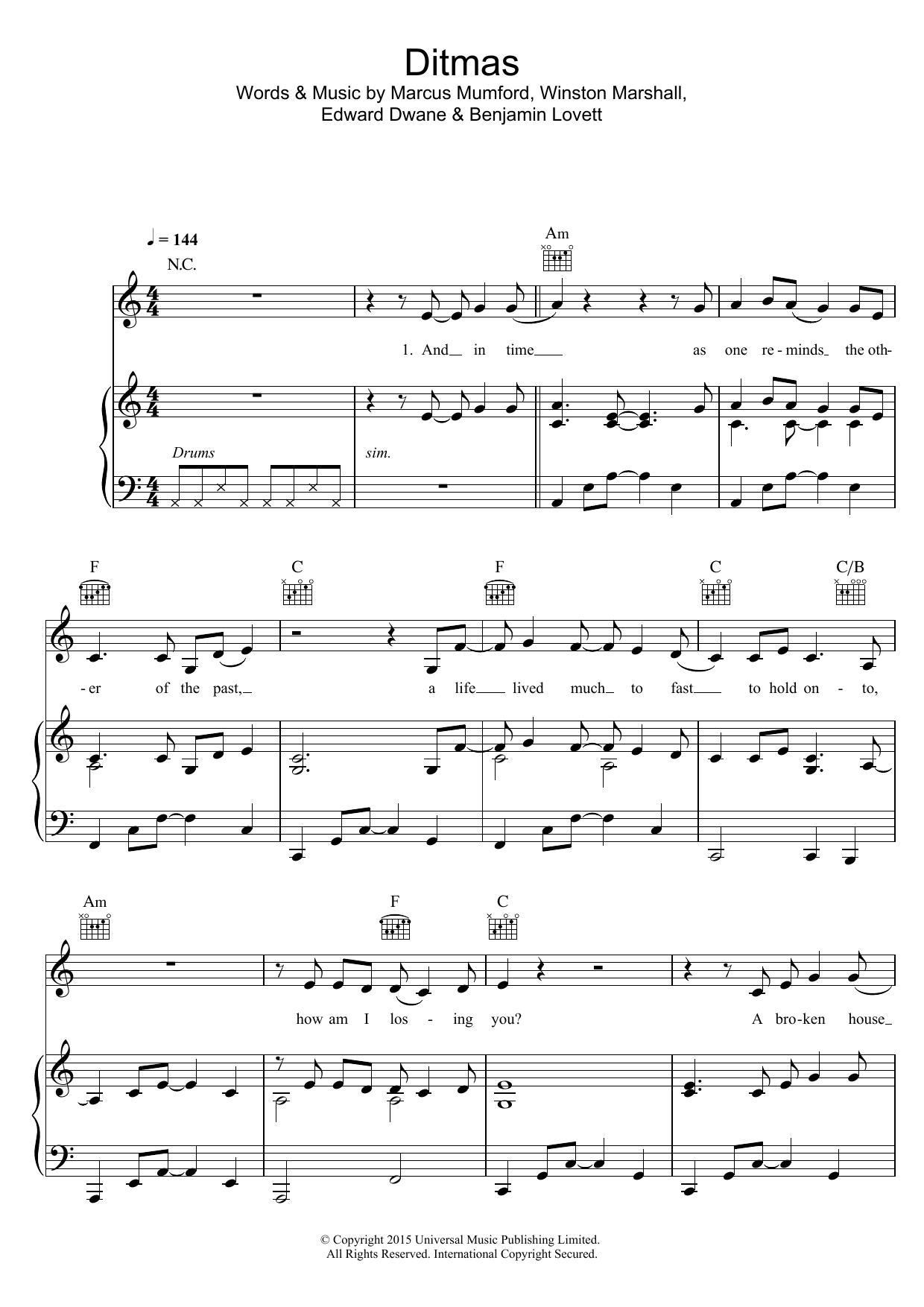 Mumford & Sons Ditmas sheet music notes and chords arranged for Piano, Vocal & Guitar Chords
