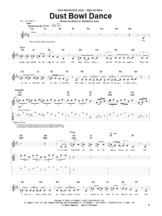 Mumford & Sons Dust Bowl Dance sheet music notes and chords arranged for Piano, Vocal & Guitar Chords (Right-Hand Melody)