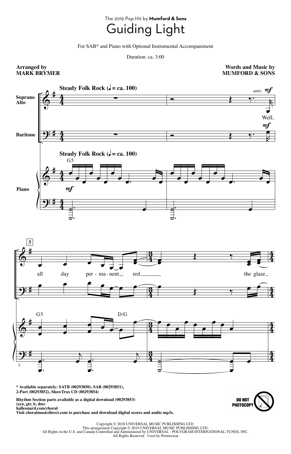 Mumford & Sons Guiding Light (arr. Mark Brymer) sheet music notes and chords arranged for 2-Part Choir