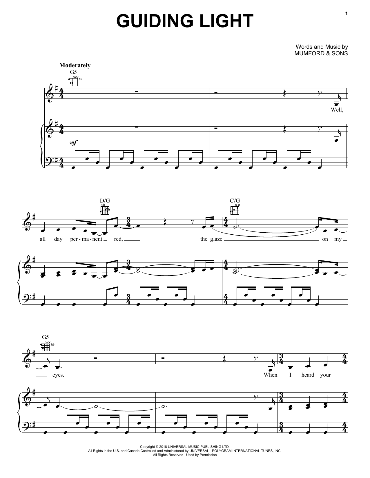 Mumford & Sons Guiding Light sheet music notes and chords arranged for Easy Guitar Tab