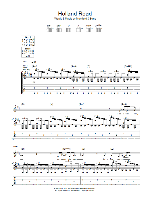 Mumford & Sons Holland Road sheet music notes and chords arranged for Piano, Vocal & Guitar Chords
