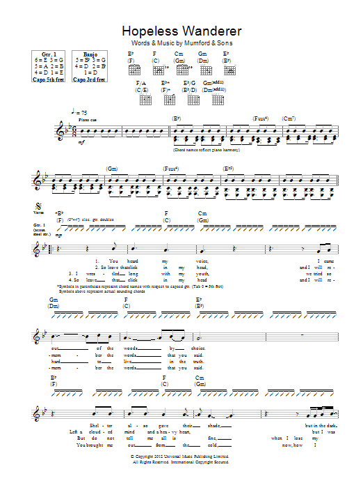 Mumford & Sons Hopeless Wanderer sheet music notes and chords arranged for Piano, Vocal & Guitar Chords
