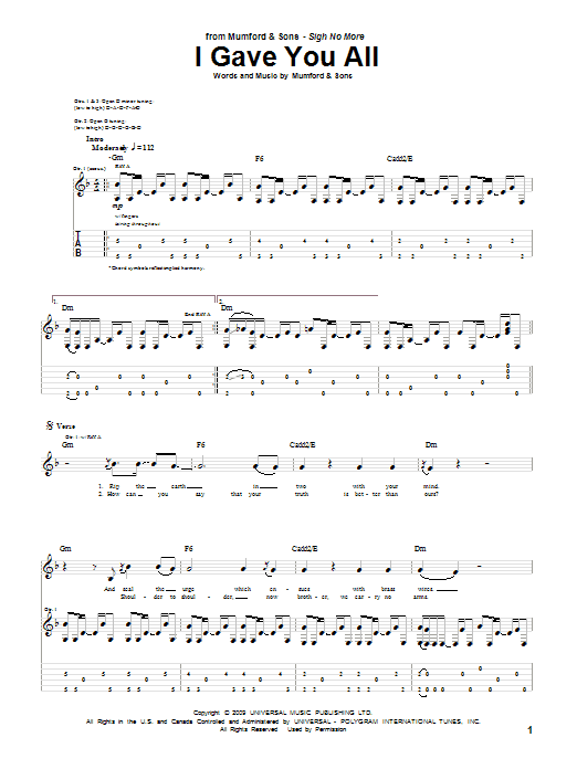 Mumford & Sons I Gave You All sheet music notes and chords arranged for Piano, Vocal & Guitar Chords