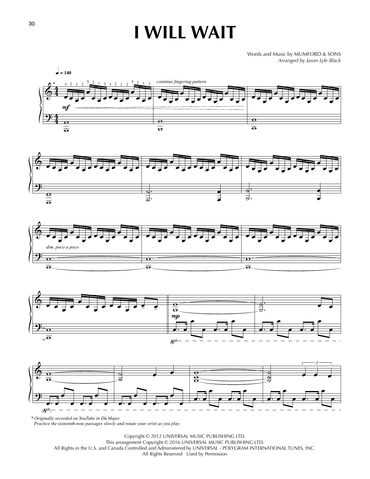 Mumford & Sons I Will Wait (arr. Jason Lyle Black) sheet music notes and chords arranged for Piano Solo