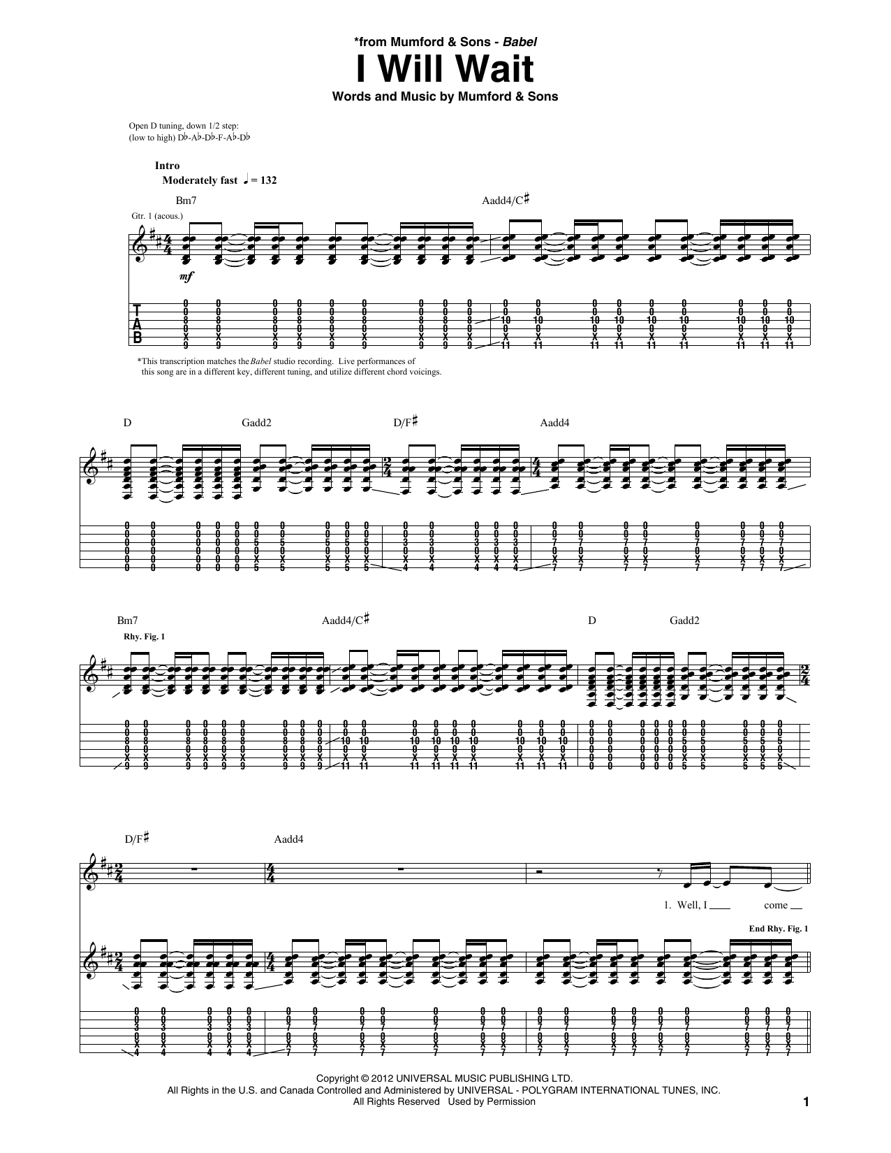 Mumford & Sons I Will Wait sheet music notes and chords arranged for Piano, Vocal & Guitar Chords (Right-Hand Melody)