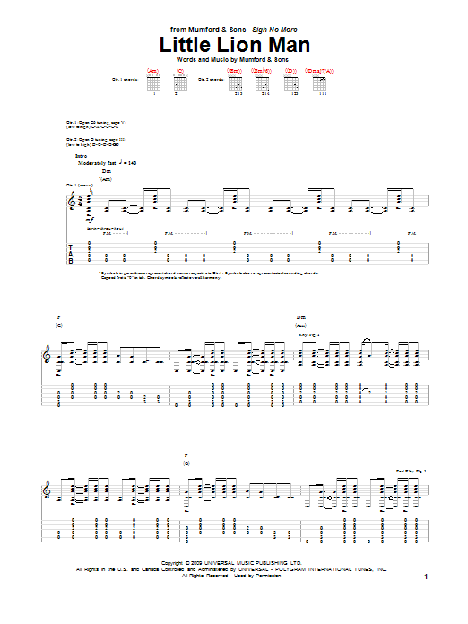 Mumford & Sons Little Lion Man sheet music notes and chords arranged for Guitar Chords/Lyrics