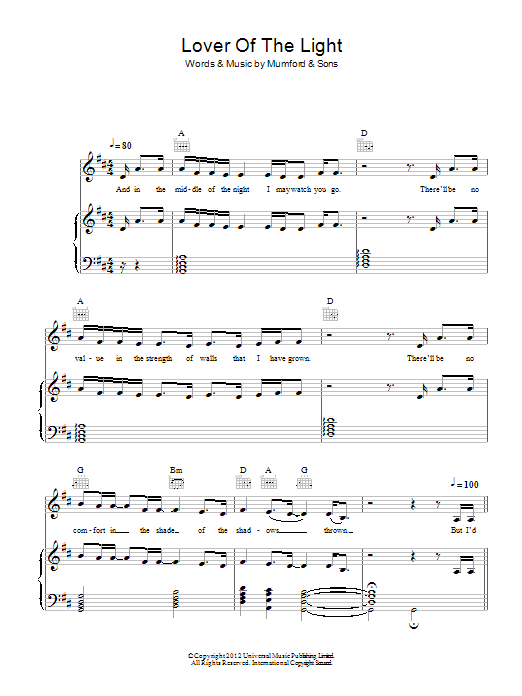 Mumford & Sons Lover Of The Light sheet music notes and chords arranged for Piano, Vocal & Guitar Chords