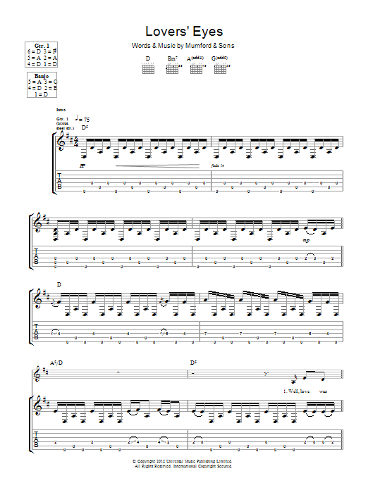 Mumford & Sons Lovers' Eyes sheet music notes and chords arranged for Guitar Tab
