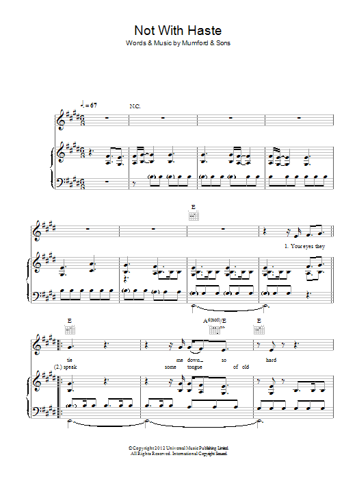 Mumford & Sons Not With Haste sheet music notes and chords arranged for Piano, Vocal & Guitar Chords
