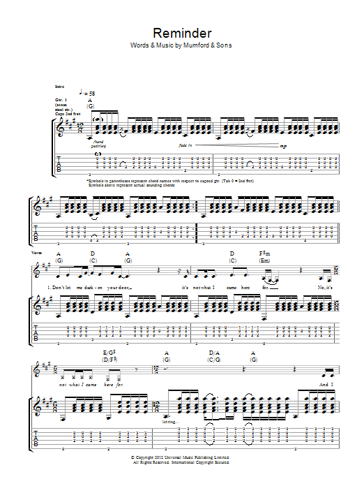 Mumford & Sons Reminder sheet music notes and chords arranged for Piano, Vocal & Guitar Chords