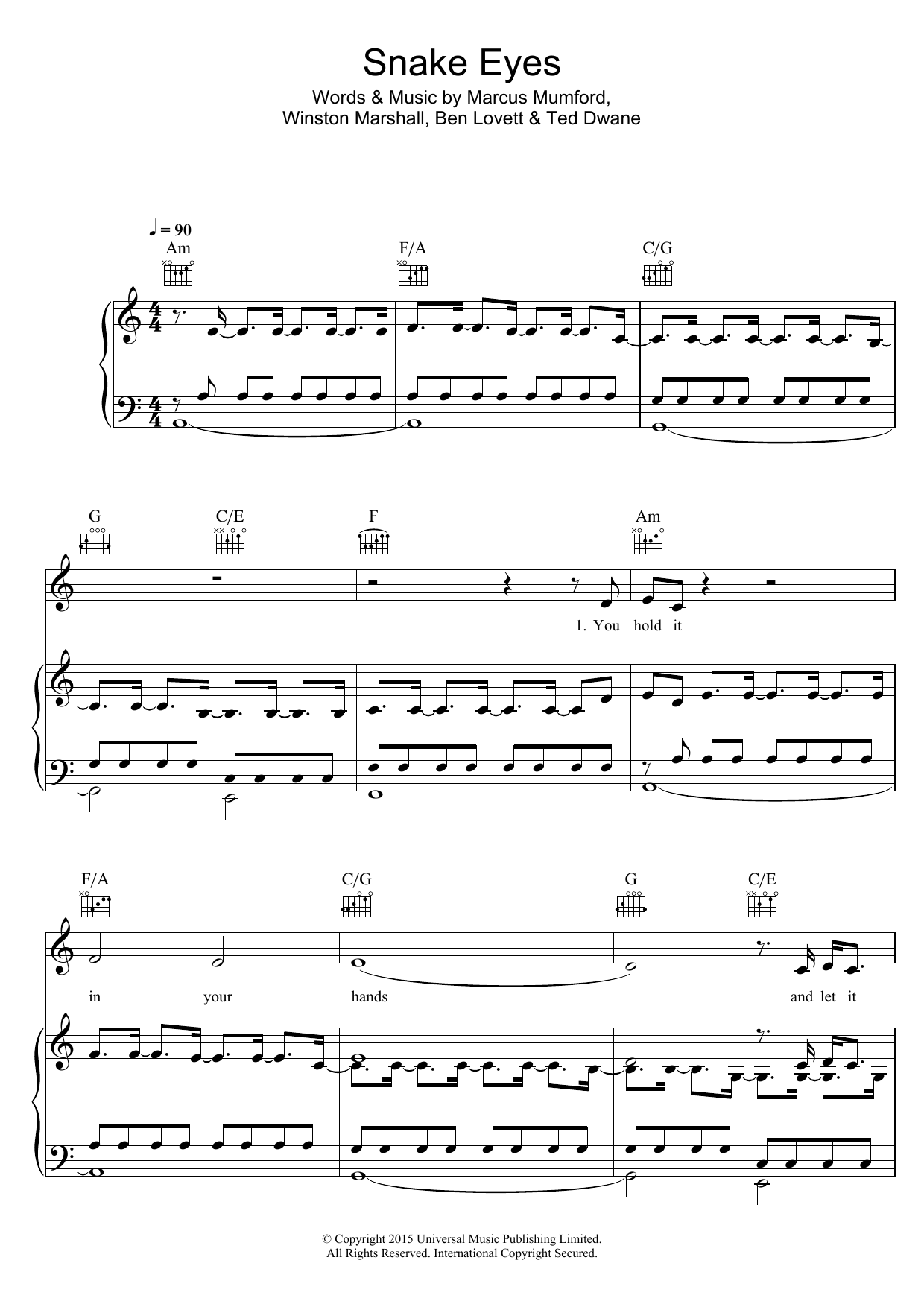 Mumford & Sons Snake Eyes sheet music notes and chords arranged for Piano, Vocal & Guitar Chords
