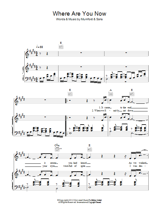 Mumford & Sons Where Are You Now sheet music notes and chords arranged for Piano, Vocal & Guitar Chords