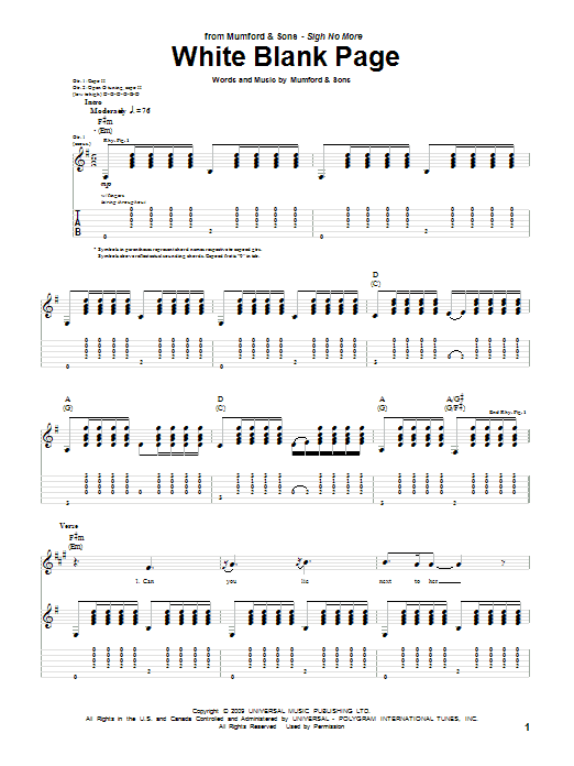 Mumford & Sons White Blank Page sheet music notes and chords arranged for Piano, Vocal & Guitar Chords