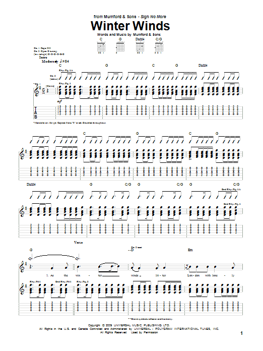 Mumford & Sons Winter Winds sheet music notes and chords arranged for Guitar Tab