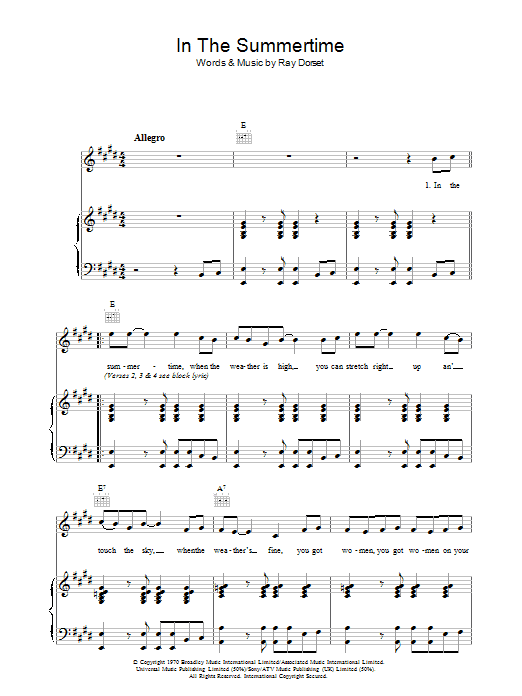 Mungo Jerry In The Summertime sheet music notes and chords. Download Printable PDF.