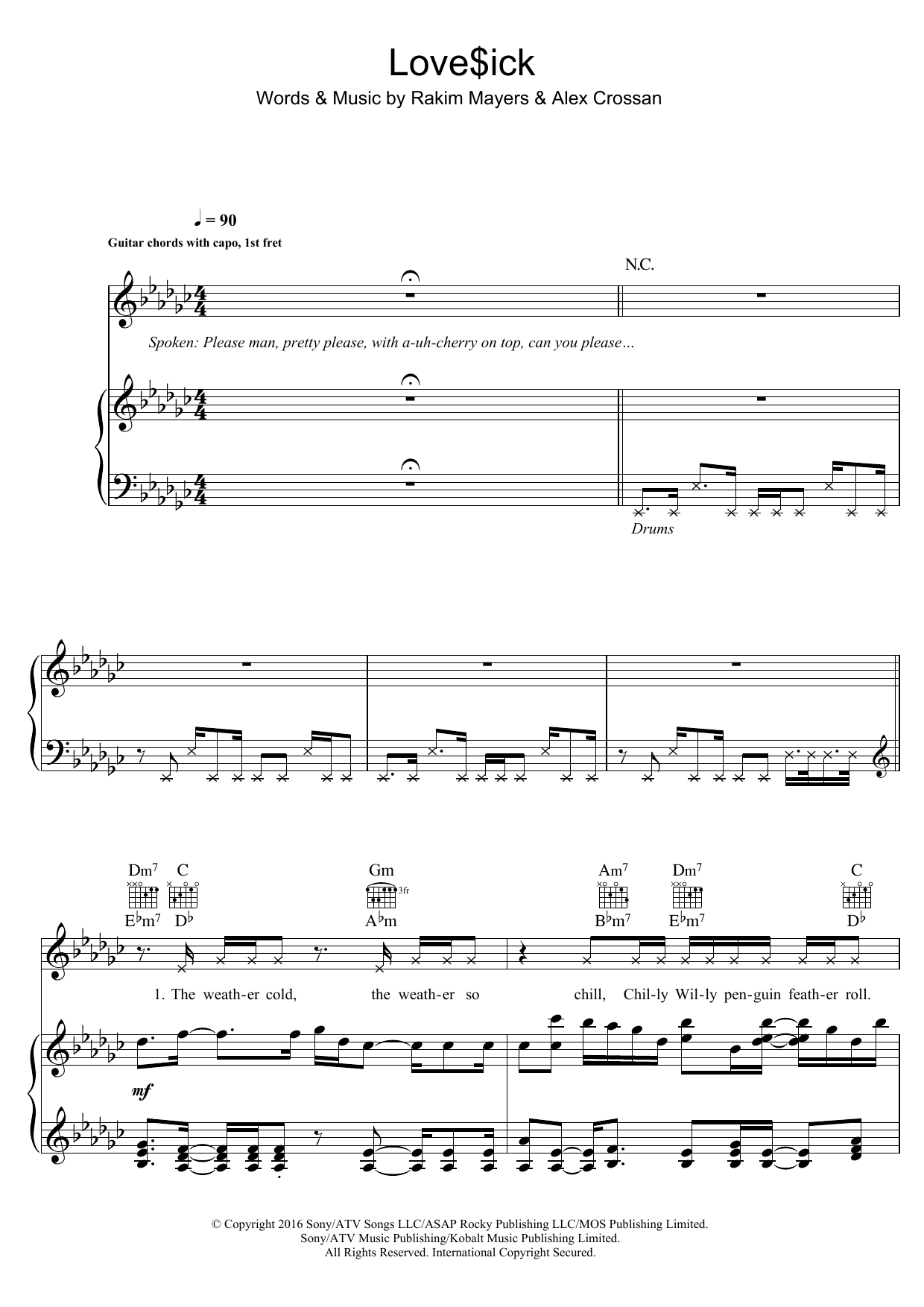 Mura Masa Love$ick (featuring A$AP Rocky) sheet music notes and chords arranged for Piano, Vocal & Guitar Chords