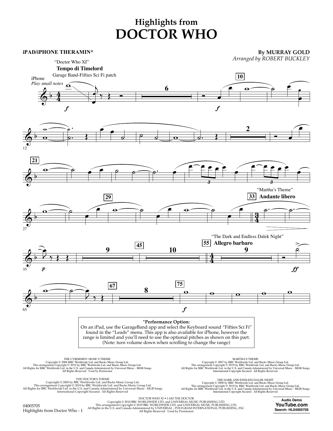 Murray Gold Highlights from Doctor Who (arr. Robert Buckley) - iPad/iPhone Theramin sheet music notes and chords arranged for Concert Band: Flex-Band