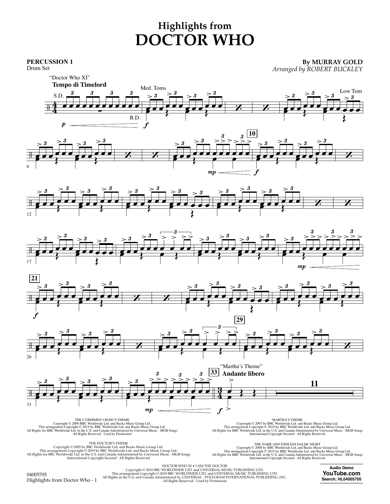 Murray Gold Highlights from Doctor Who (arr. Robert Buckley) - Percussion 1 sheet music notes and chords arranged for Concert Band: Flex-Band
