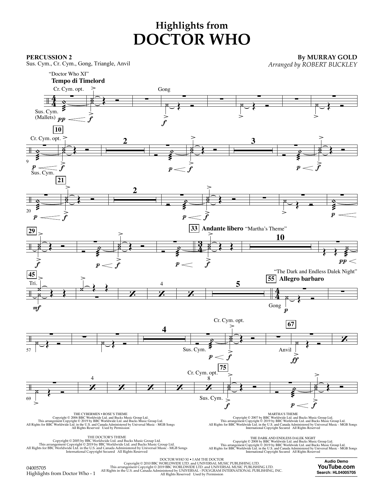 Murray Gold Highlights from Doctor Who (arr. Robert Buckley) - Percussion 2 sheet music notes and chords arranged for Concert Band: Flex-Band