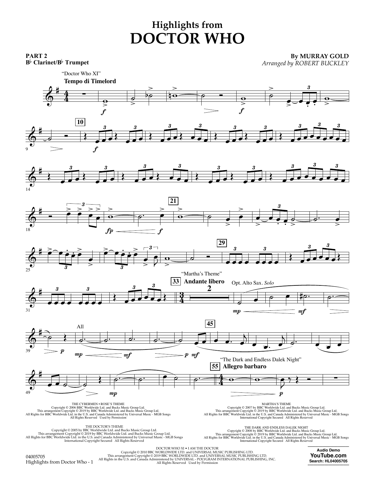 Murray Gold Highlights from Doctor Who (arr. Robert Buckley) - Pt.2 - Bb Clarinet/Bb Trumpet sheet music notes and chords arranged for Concert Band: Flex-Band