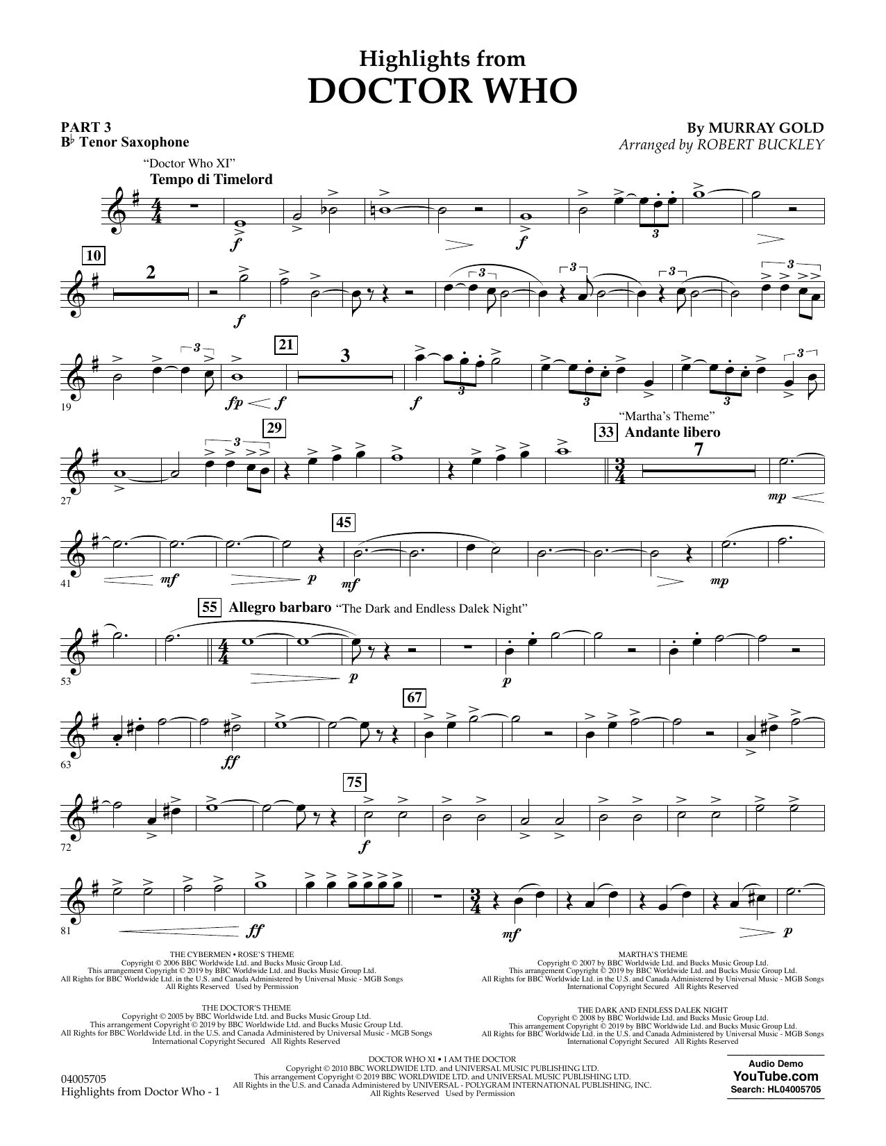 Murray Gold Highlights from Doctor Who (arr. Robert Buckley) - Pt.3 - Bb Tenor Saxophone sheet music notes and chords arranged for Concert Band: Flex-Band