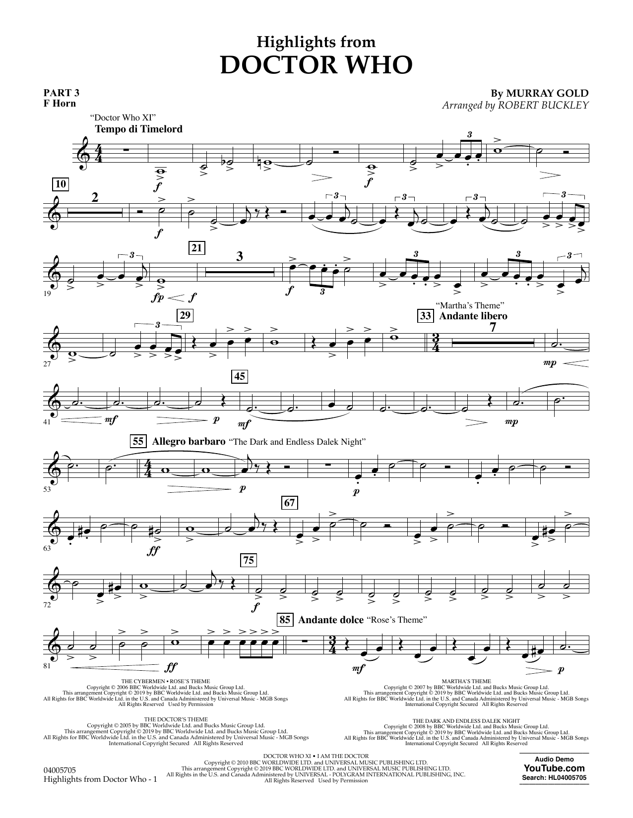 Murray Gold Highlights from Doctor Who (arr. Robert Buckley) - Pt.3 - F Horn sheet music notes and chords arranged for Concert Band: Flex-Band