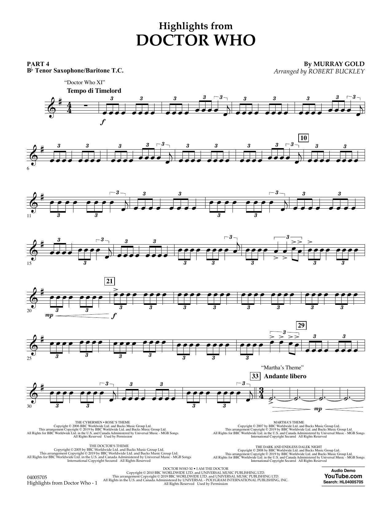 Murray Gold Highlights from Doctor Who (arr. Robert Buckley) - Pt.4 - Bb Tenor Sax/Bar. T.C. sheet music notes and chords arranged for Concert Band: Flex-Band