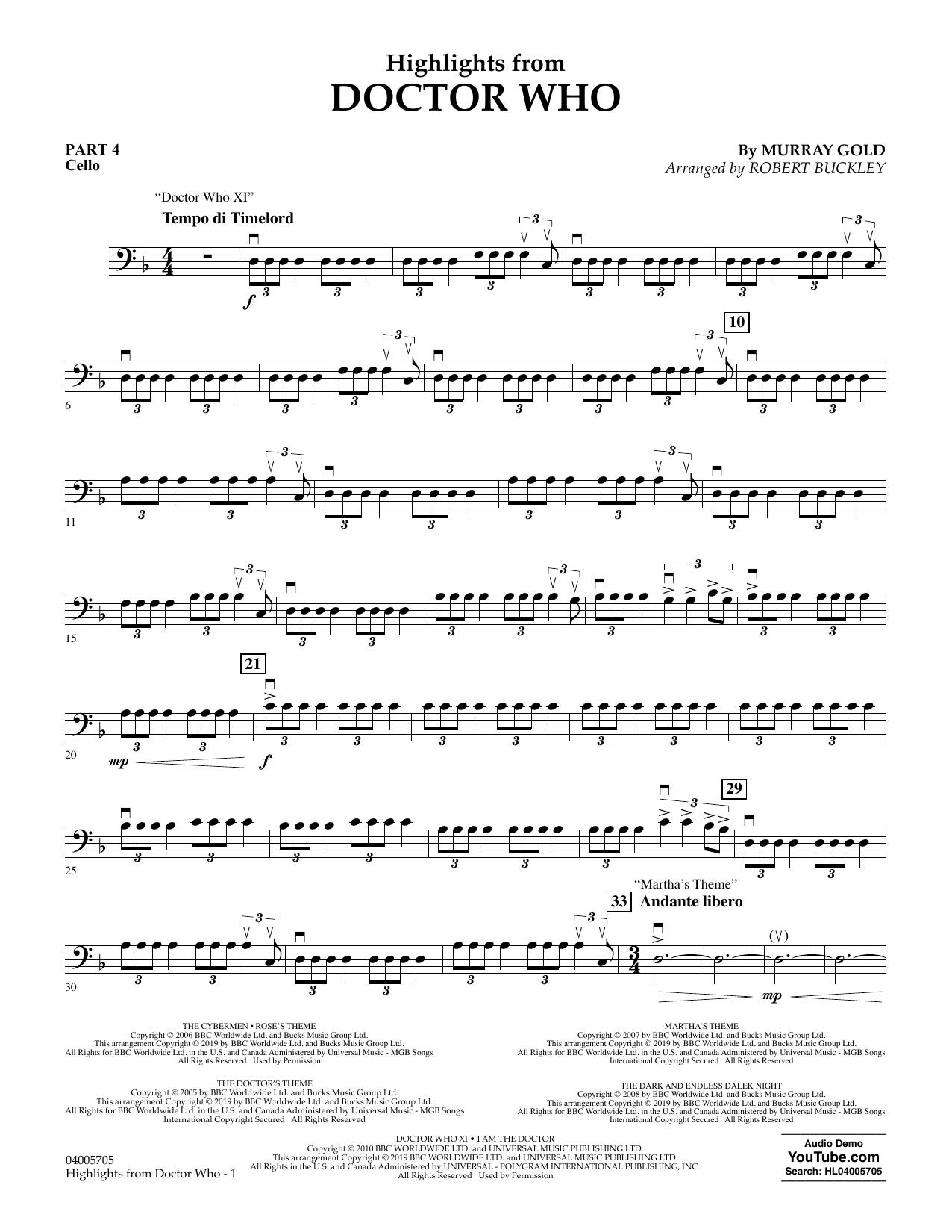 Murray Gold Highlights from Doctor Who (arr. Robert Buckley) - Pt.4 - Cello sheet music notes and chords arranged for Concert Band: Flex-Band