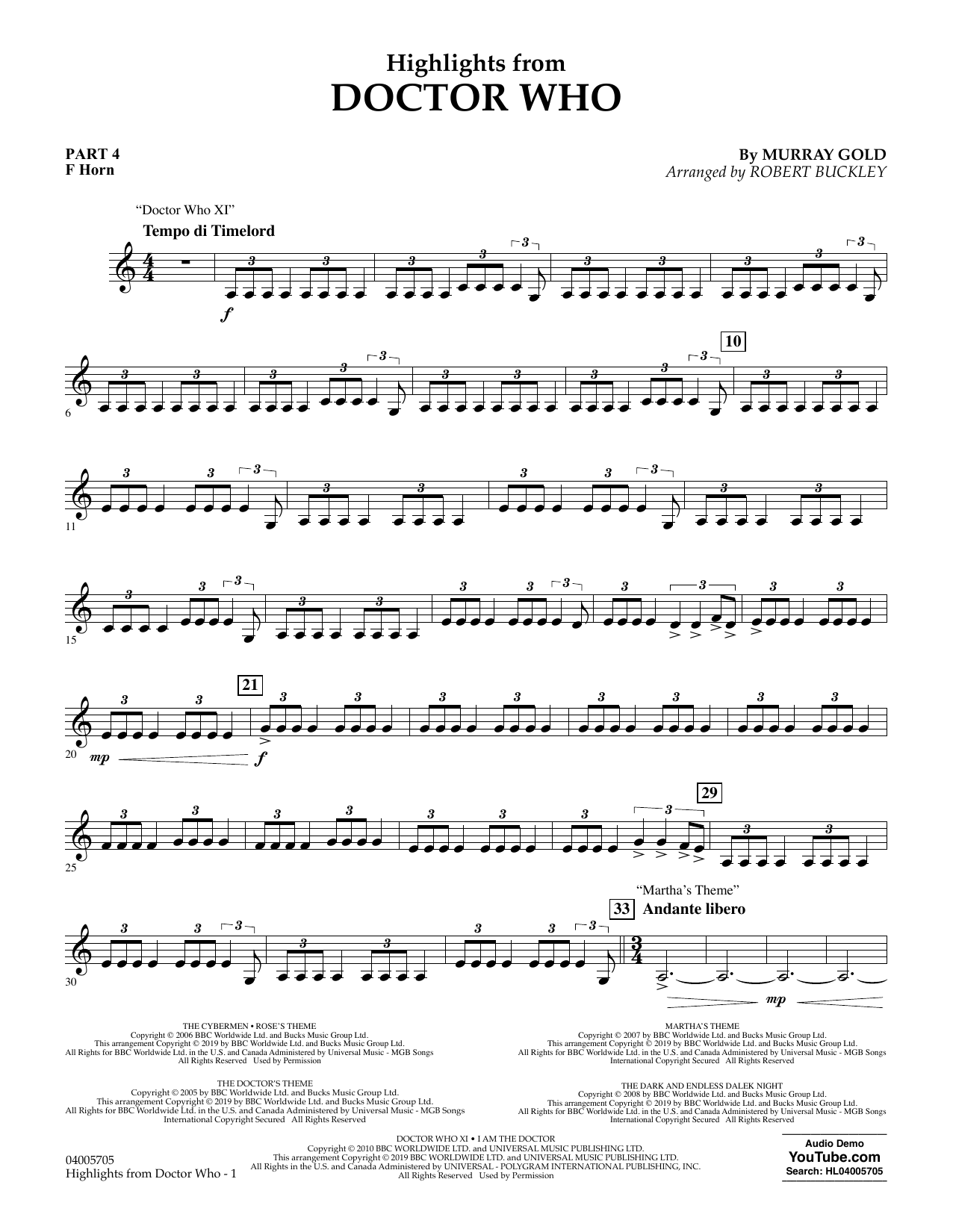 Murray Gold Highlights from Doctor Who (arr. Robert Buckley) - Pt.4 - F Horn sheet music notes and chords arranged for Concert Band: Flex-Band