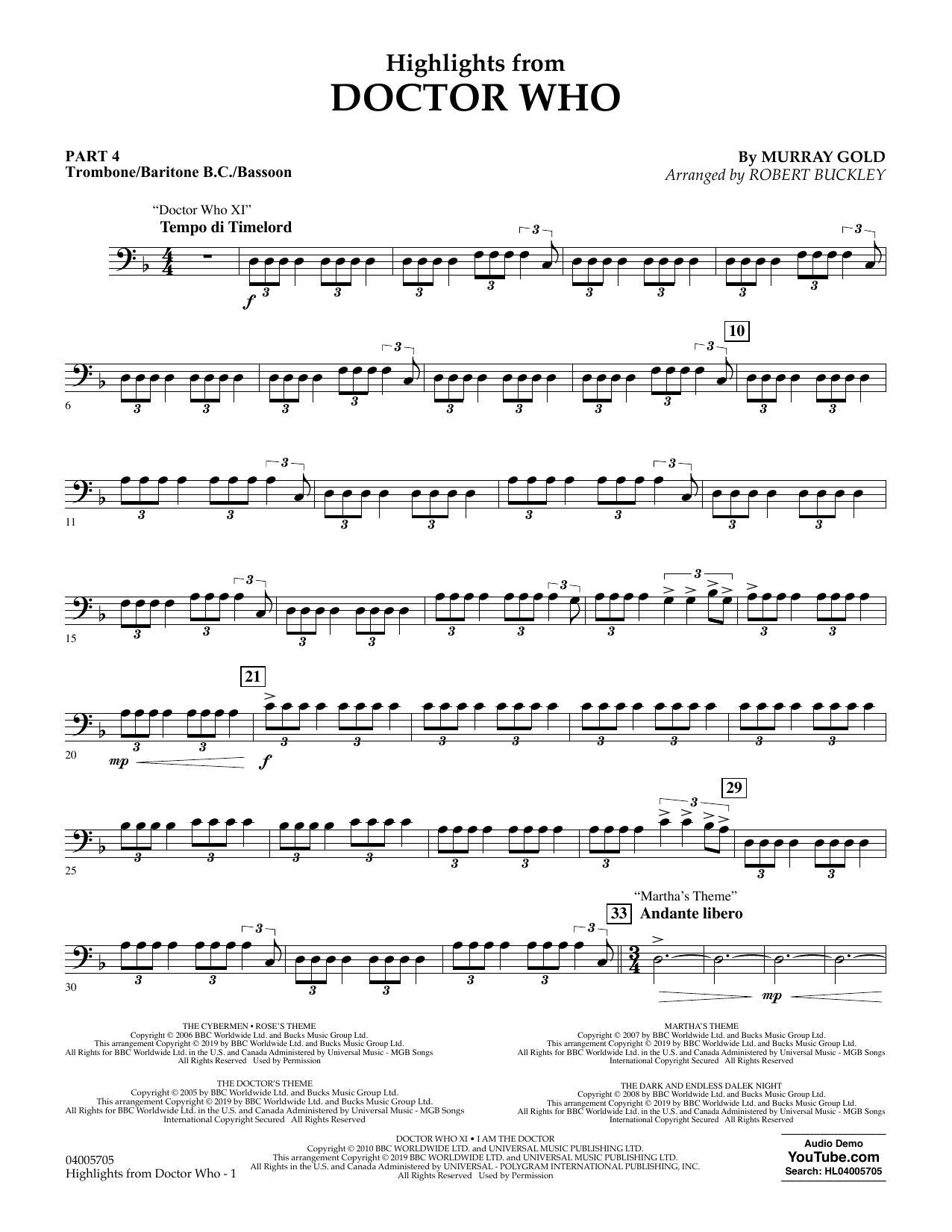 Murray Gold Highlights from Doctor Who (arr. Robert Buckley) - Pt.4 - Trombone/Bar. B.C./Bsn. sheet music notes and chords arranged for Concert Band: Flex-Band