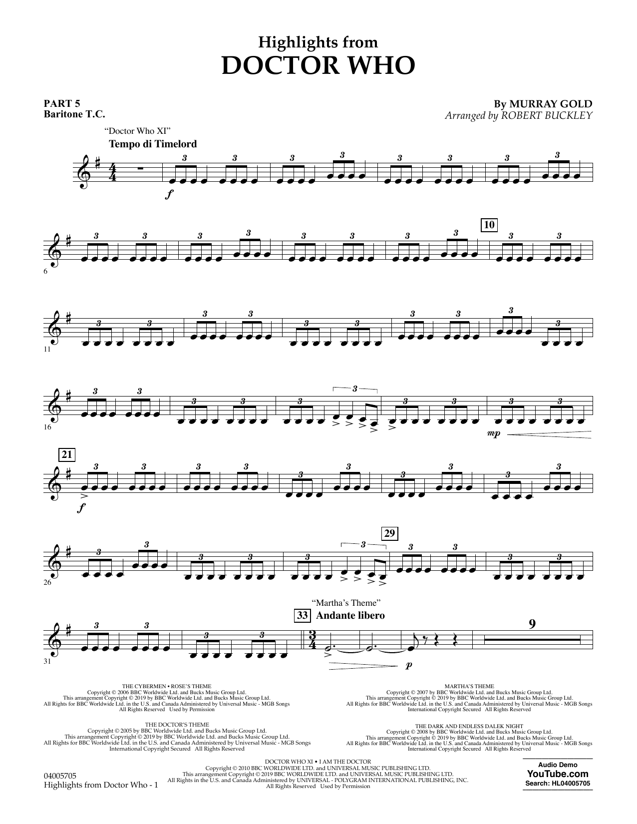 Murray Gold Highlights from Doctor Who (arr. Robert Buckley) - Pt.5 - Baritone T.C. sheet music notes and chords arranged for Concert Band: Flex-Band