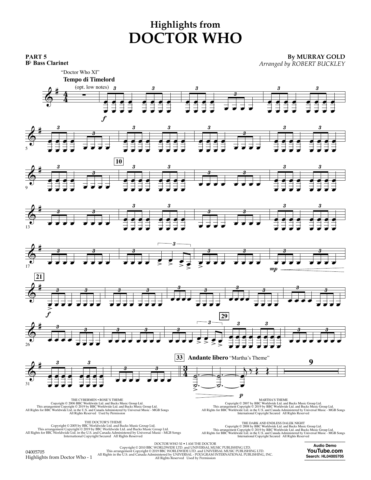 Murray Gold Highlights from Doctor Who (arr. Robert Buckley) - Pt.5 - Bb Bass Clarinet sheet music notes and chords arranged for Concert Band: Flex-Band