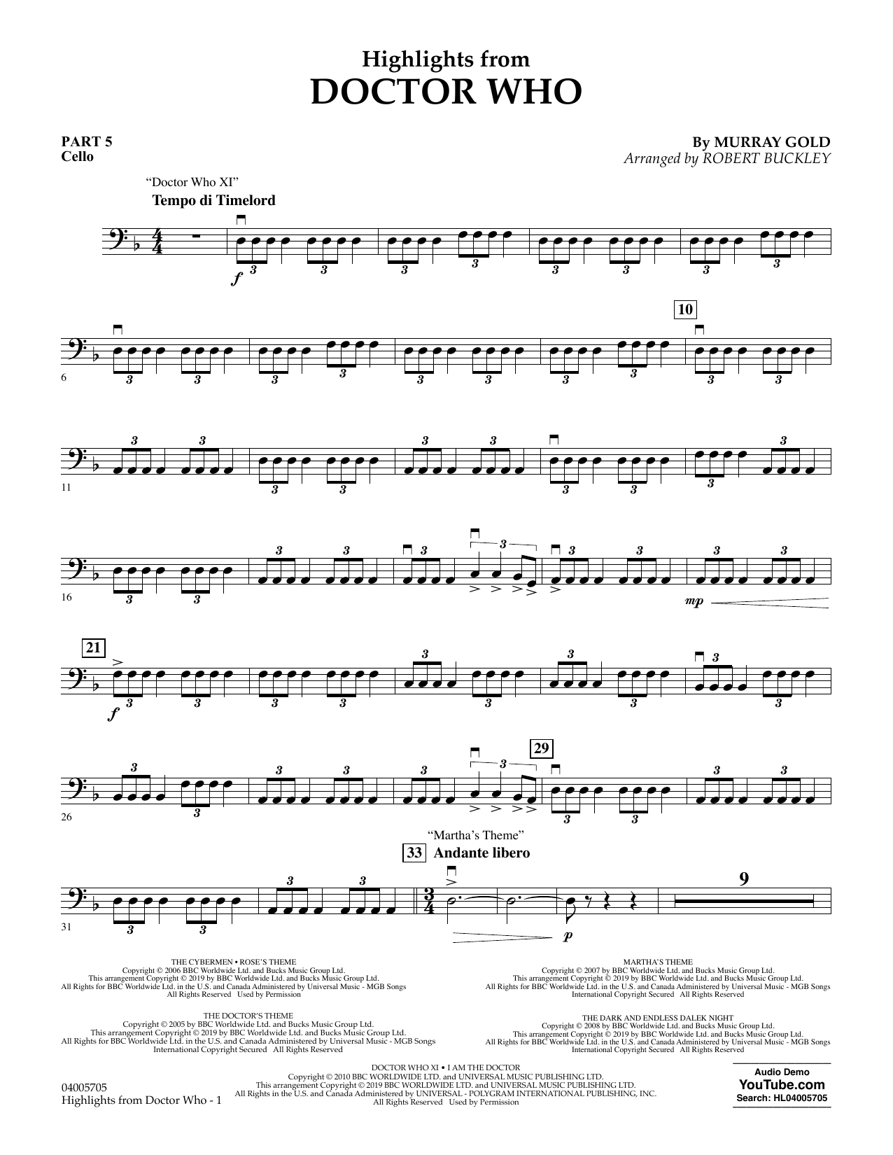 Murray Gold Highlights from Doctor Who (arr. Robert Buckley) - Pt.5 - Cello sheet music notes and chords arranged for Concert Band: Flex-Band