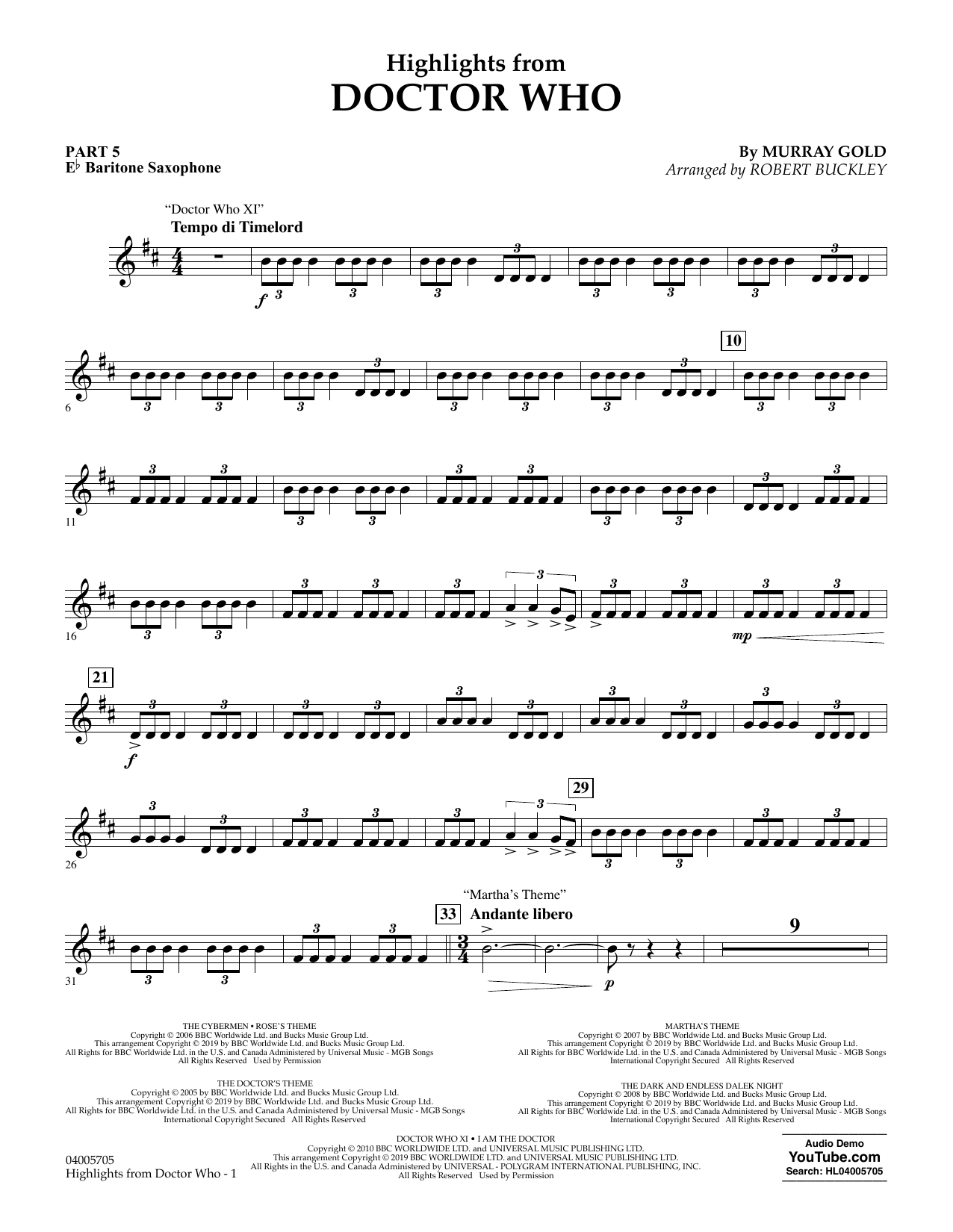 Murray Gold Highlights from Doctor Who (arr. Robert Buckley) - Pt.5 - Eb Baritone Saxophone sheet music notes and chords arranged for Concert Band: Flex-Band