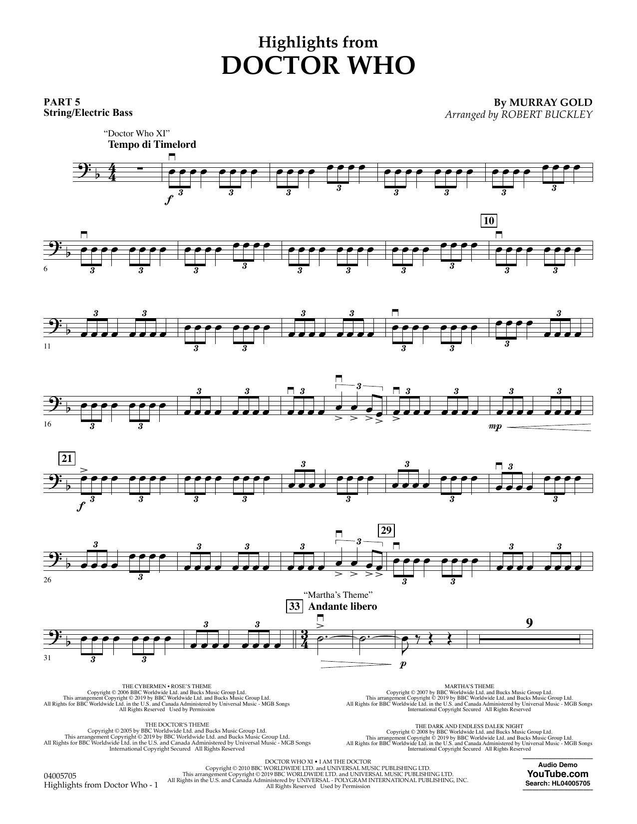 Murray Gold Highlights from Doctor Who (arr. Robert Buckley) - Pt.5 - String/Electric Bass sheet music notes and chords arranged for Concert Band: Flex-Band