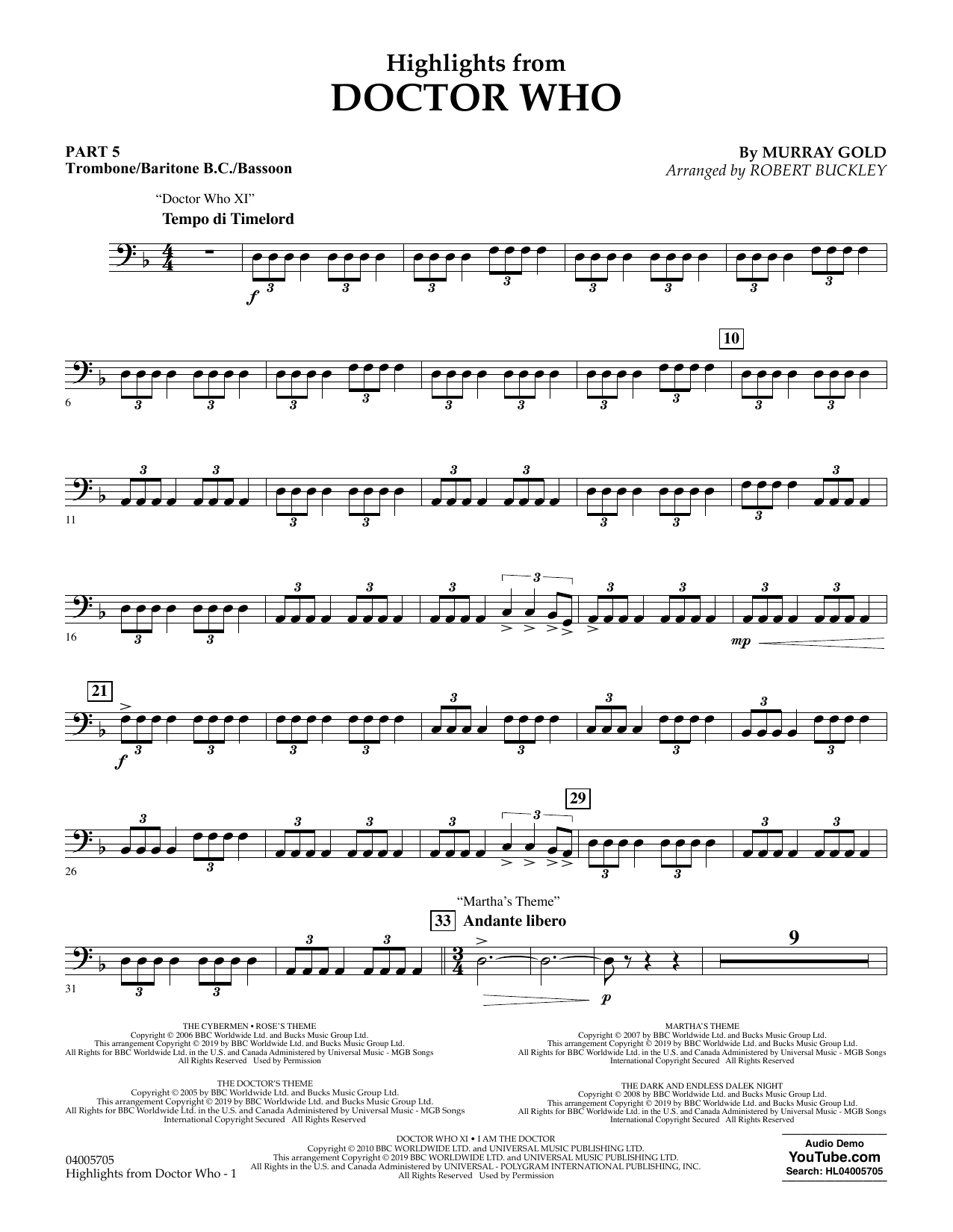 Murray Gold Highlights from Doctor Who (arr. Robert Buckley) - Pt.5 - Trombone/Bar. B.C./Bsn. sheet music notes and chords arranged for Concert Band: Flex-Band