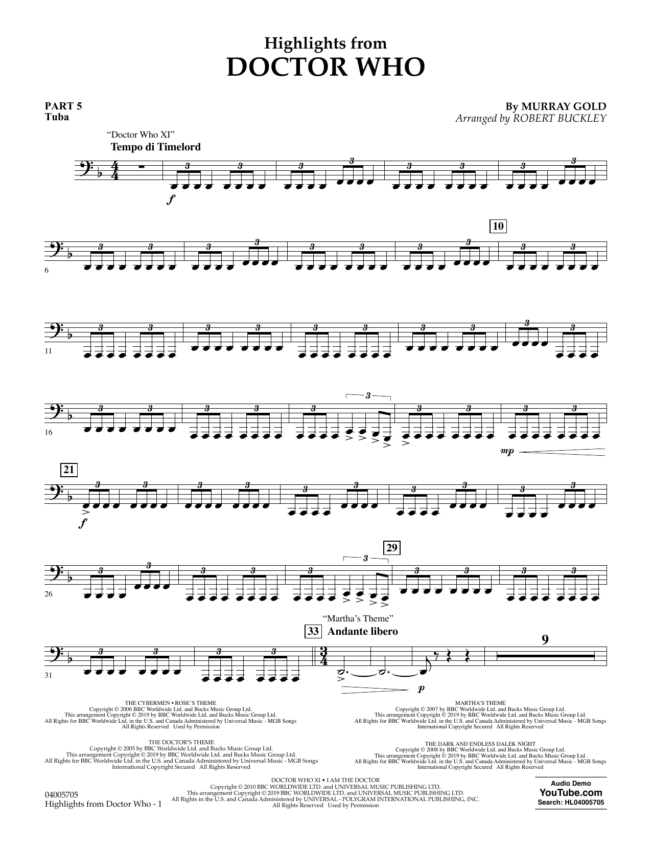 Murray Gold Highlights from Doctor Who (arr. Robert Buckley) - Pt.5 - Tuba sheet music notes and chords arranged for Concert Band: Flex-Band