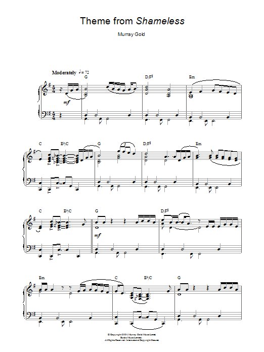 Murray Gold Theme from Shameless sheet music notes and chords arranged for Piano Solo