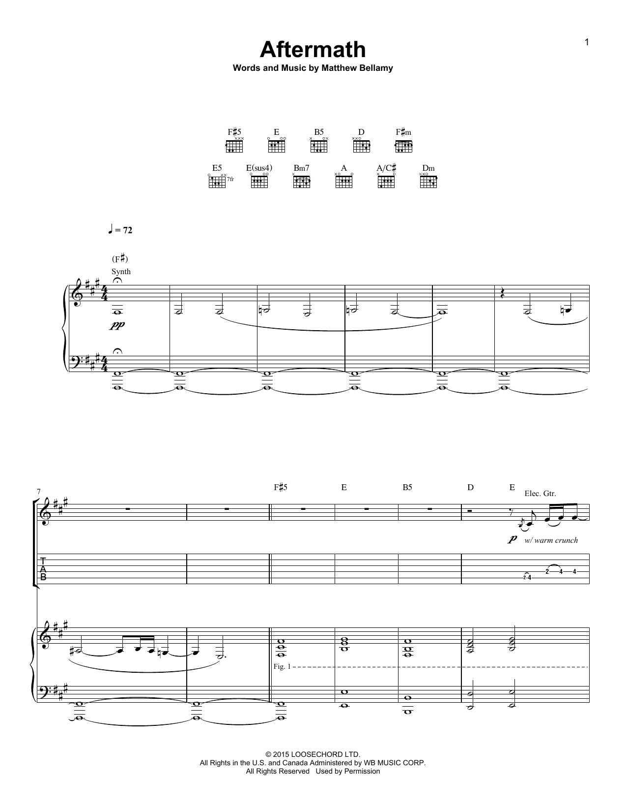 Muse Aftermath sheet music notes and chords arranged for Piano, Vocal & Guitar Chords (Right-Hand Melody)