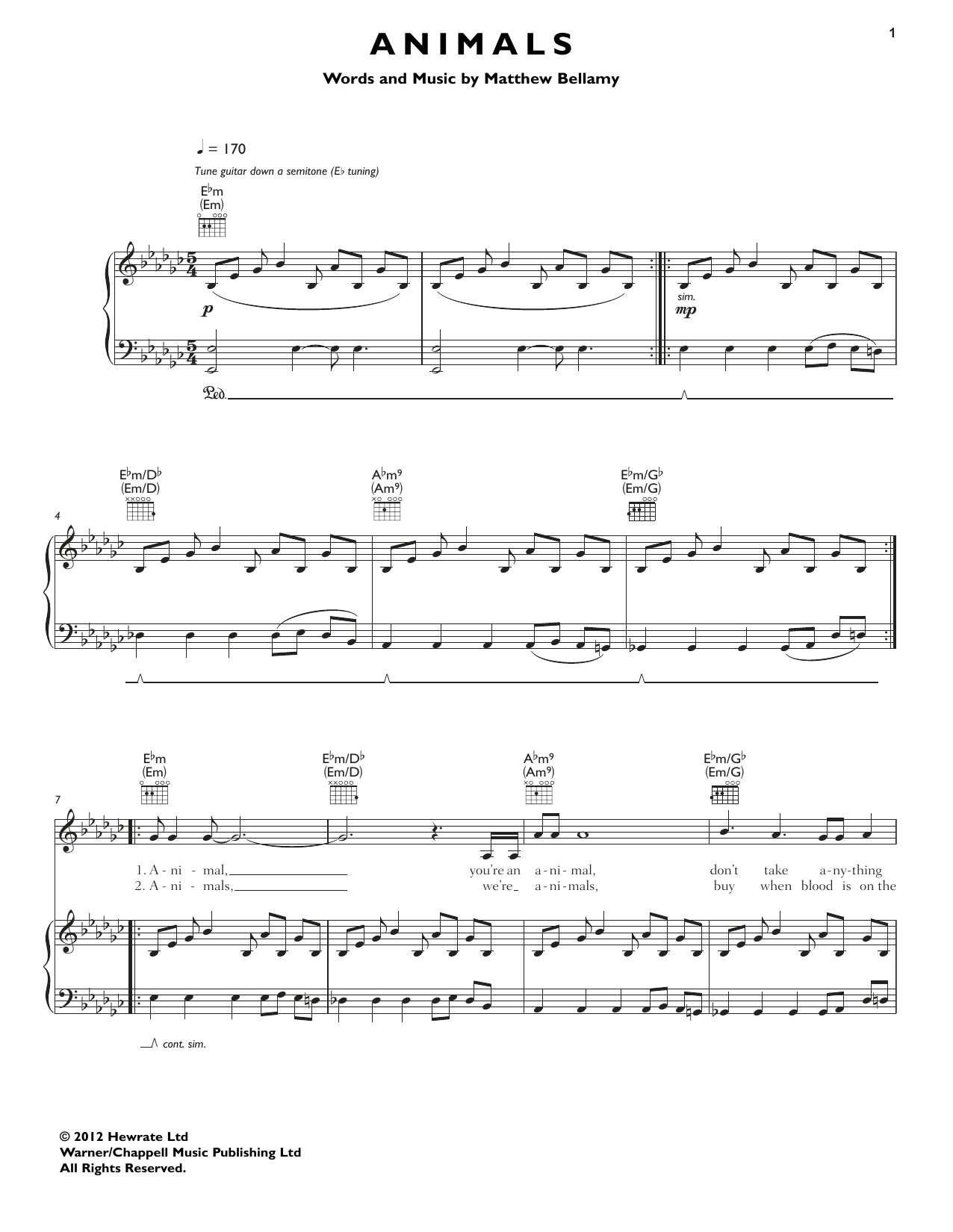 Muse Animals sheet music notes and chords arranged for Piano, Vocal & Guitar Chords (Right-Hand Melody)
