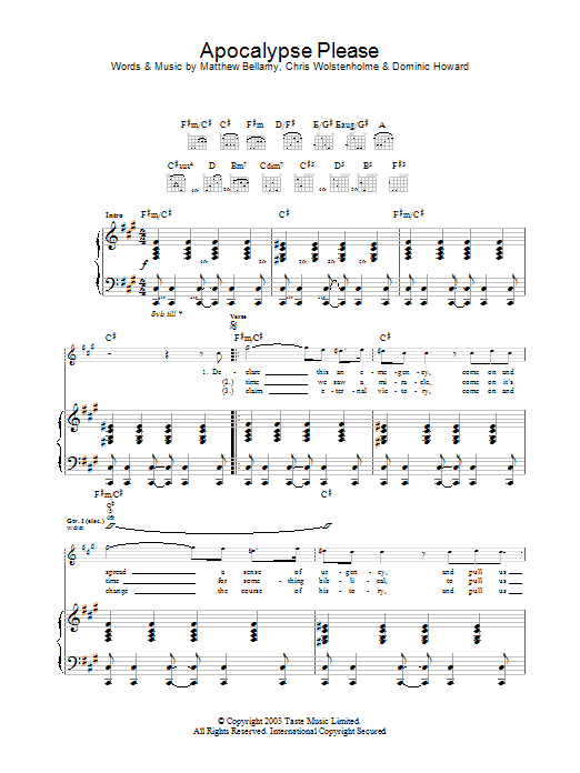 Muse Apocalypse Please sheet music notes and chords arranged for Piano, Vocal & Guitar Chords