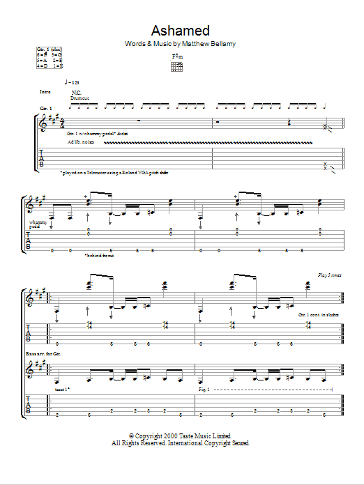 Muse Ashamed sheet music notes and chords arranged for Guitar Tab