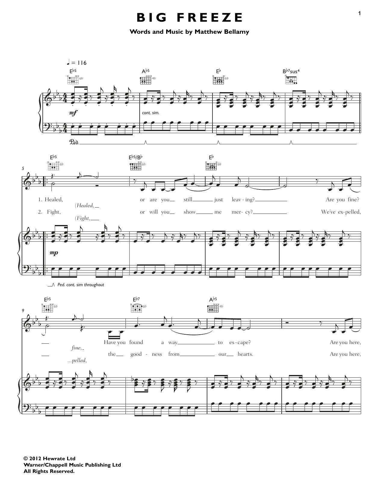 Muse Big Freeze sheet music notes and chords arranged for Piano, Vocal & Guitar Chords (Right-Hand Melody)
