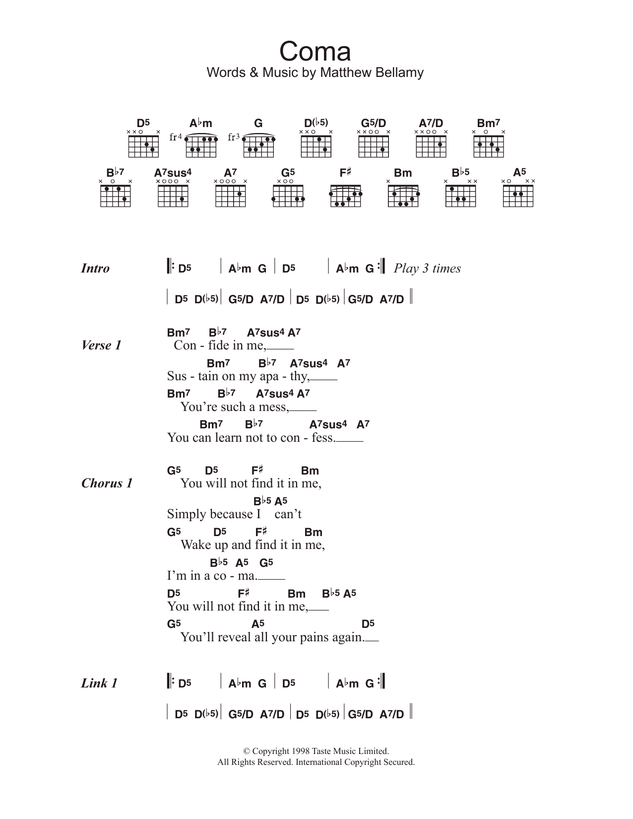 Muse Coma sheet music notes and chords arranged for Guitar Chords/Lyrics