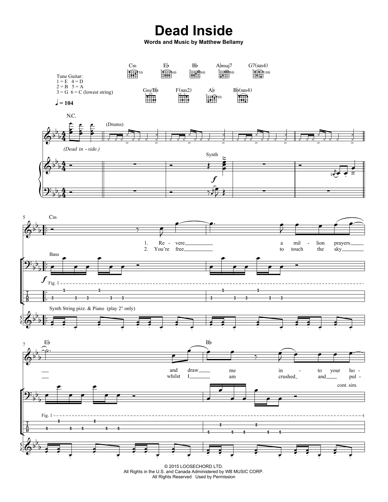 Muse Dead Inside sheet music notes and chords arranged for Piano, Vocal & Guitar Chords (Right-Hand Melody)