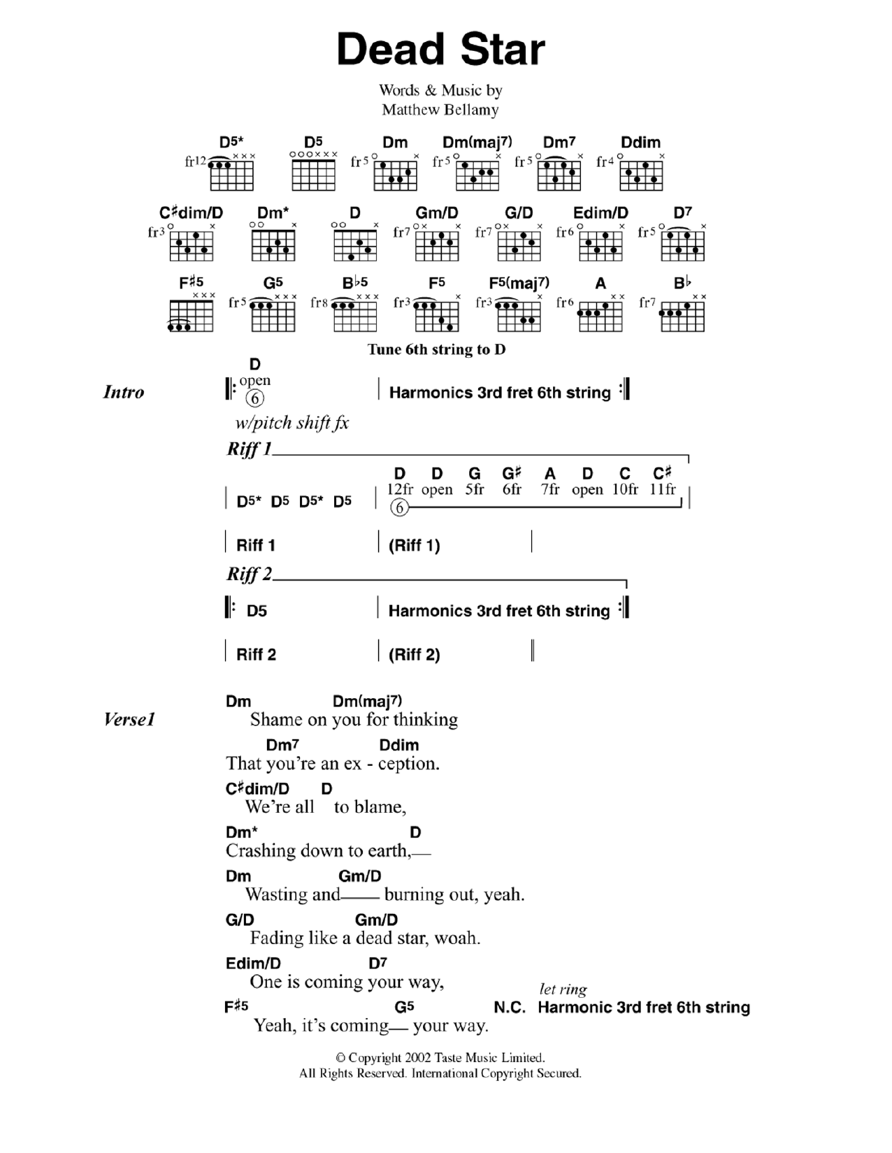 Muse Dead Star sheet music notes and chords arranged for Guitar Chords/Lyrics